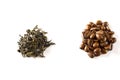 Pile of coffee beans and dry green tea leaves isolated on white background. closeup Royalty Free Stock Photo