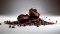 a pile of coffee beans next to a pile of chocolate beans on a white surface with a splash of chocolate on top of it and a pile of Royalty Free Stock Photo
