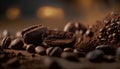 a pile of coffee beans next to a pile of ground coffee beans. generative ai Royalty Free Stock Photo