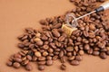 a pile of coffee beans, sugar cube and metal handheld milk steamer on brown background. Handheld frother