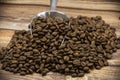 Pile of coffee beans on a table Royalty Free Stock Photo