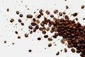 Pile of coffee beans on white surface with few scattered around. Generative AI Royalty Free Stock Photo