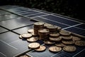 Pile of coin money is in stack on surface with solar panel