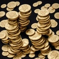 A pile of coins on a blacktop. Antique gold coins, generated AI