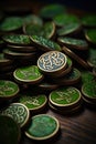 A pile of coins with celtic designs on them sitting next to each other, AI