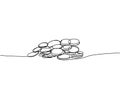 Pile of coins, cents, pennies dollars, hryvnia, euro one line art. Continuous line drawing of bank, money, finance Royalty Free Stock Photo