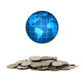 A pile of coins with globe Royalty Free Stock Photo