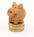 Pile of coins with small piggy toy