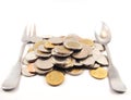 Pile of coins, spoon and fork, thai baht money, finance