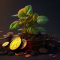 on a pile of coins sprouts, generated AI Royalty Free Stock Photo