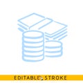 Pile of coins and stack of banknotes icon. Line doodle sketch. Editable stroke icon