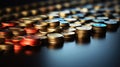 A pile of coins on a table with some sitting in the middle, AI Royalty Free Stock Photo