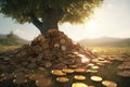 A pile of coins under a tree. Business concept, economics, banking. AI generative