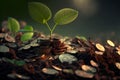 Pile of coins from which a green sprout sprouts.