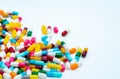 Pile of colorful antibiotic capsule pills. Antibiotic drug resistance concept. Pharmaceutical industry. Pile of bright colors