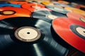Pile of colorful audio player LP vinyl records. Generative AI