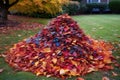 pile of colorful autumn leaves on a freshly raked lawn