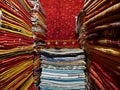 Pile of colorful Berber Carpets in Marrakech, Morocco. Royalty Free Stock Photo