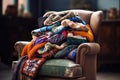 a pile of colorful blankets on a cozy armchair Royalty Free Stock Photo