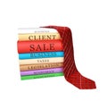 Pile of colorful business books and a tie isolated on a white background