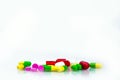 Pile of colorful capsule and tablets pills on white background with copy space for text. Pharmacy department in the hospital conce