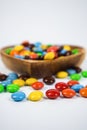 pile of colorful chocolate candies in wooden bowl on white background Royalty Free Stock Photo