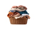 Pile of colorful clothes in a laundry basket isolated on white transparent background. washing service Royalty Free Stock Photo
