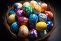 Pile of colorful easter eggs, top wiew. AI generated