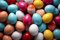 Pile of colorful easter eggs, top wiew. AI generated