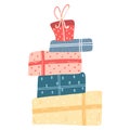 Pile of colorful gift boxes in cartoon flat style. Hand drawn vector illustration of mountain gifts, presents with bow