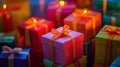 A Pile of Colorful Gift Boxes with Ribbons and Bows Royalty Free Stock Photo