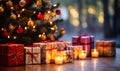 Pile of Colorful Gift Boxes Underneath a Brightly Lit Christmas Tree