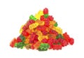 Pile of colorful gummy bears on white background