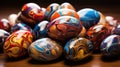 A pile of colorful marble eggs on a wooden table, AI