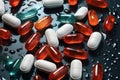 Pile of colorful medical pills on abstract background. Generative AI Royalty Free Stock Photo