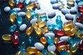 Pile of colorful medical pills on abstract background. Generative AI Royalty Free Stock Photo