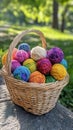 Pile of colorful yarn balls in basket. Royalty Free Stock Photo