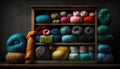 A Pile Of Colorful Yarns On A Wooden Shelf. Generative AI Royalty Free Stock Photo