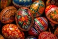 a pile of colorfully painted eggs with designs on them, all in different colors and patterns, all in a square shape, with a red