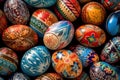 a pile of colorfully painted eggs with designs on them, all in different colors and patterns, all in a square pattern, with a