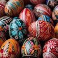 a pile of colorfully painted eggs sitting on top of each other on a tablecloth covered tablecloth covered tablecloth with a