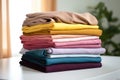 pile of colourful jersey sheets on a porcelain countertop