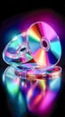 Pile of compact discs reflecting vivid rainbow colors under dramatic lighting Royalty Free Stock Photo