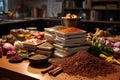 pile of cookbooks next to various spices in a kitchen