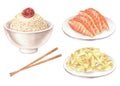 A pile of cooked rice with umeboshi, kimchi and salmon sashimi set. Watercolor illustration. Asian food and chopsticks Royalty Free Stock Photo