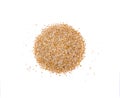 Pile of milled cereal groats, heap of uncooked crushed wheat grains, bulgur, isolated on white, top view, healthy food