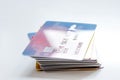 Pile of credit cards on white background