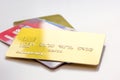 Pile of credit cards on white background