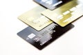 Pile of credit cards on white background