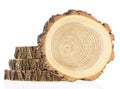 Pile of cross sections of tree trunk isolated on white background. Wood in cross section with wood texture pattern Royalty Free Stock Photo